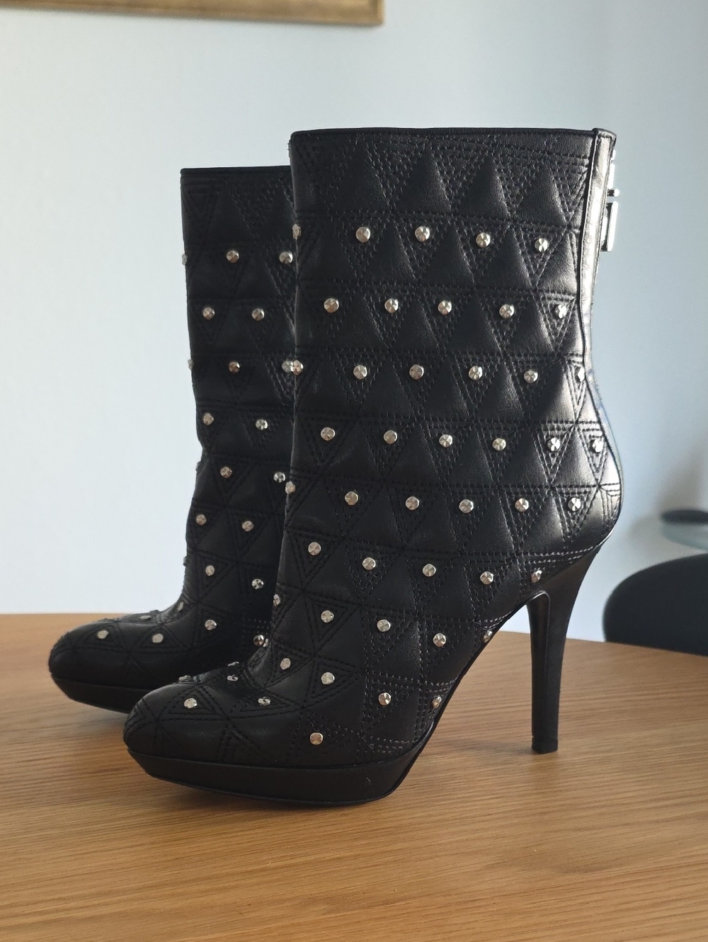 Versace Women's Leather Black Embellished High Heels Ankle Boots Shoes - Picture 7 of 13